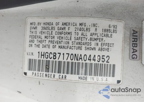 1992 Honda Accord Ex из США, поврежденный, VIN 1HGCB7170NA044952